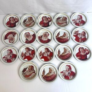 Christmas Coasters Set of 18 Old World Santa & Coca Cola Round Tin VTG Holiday